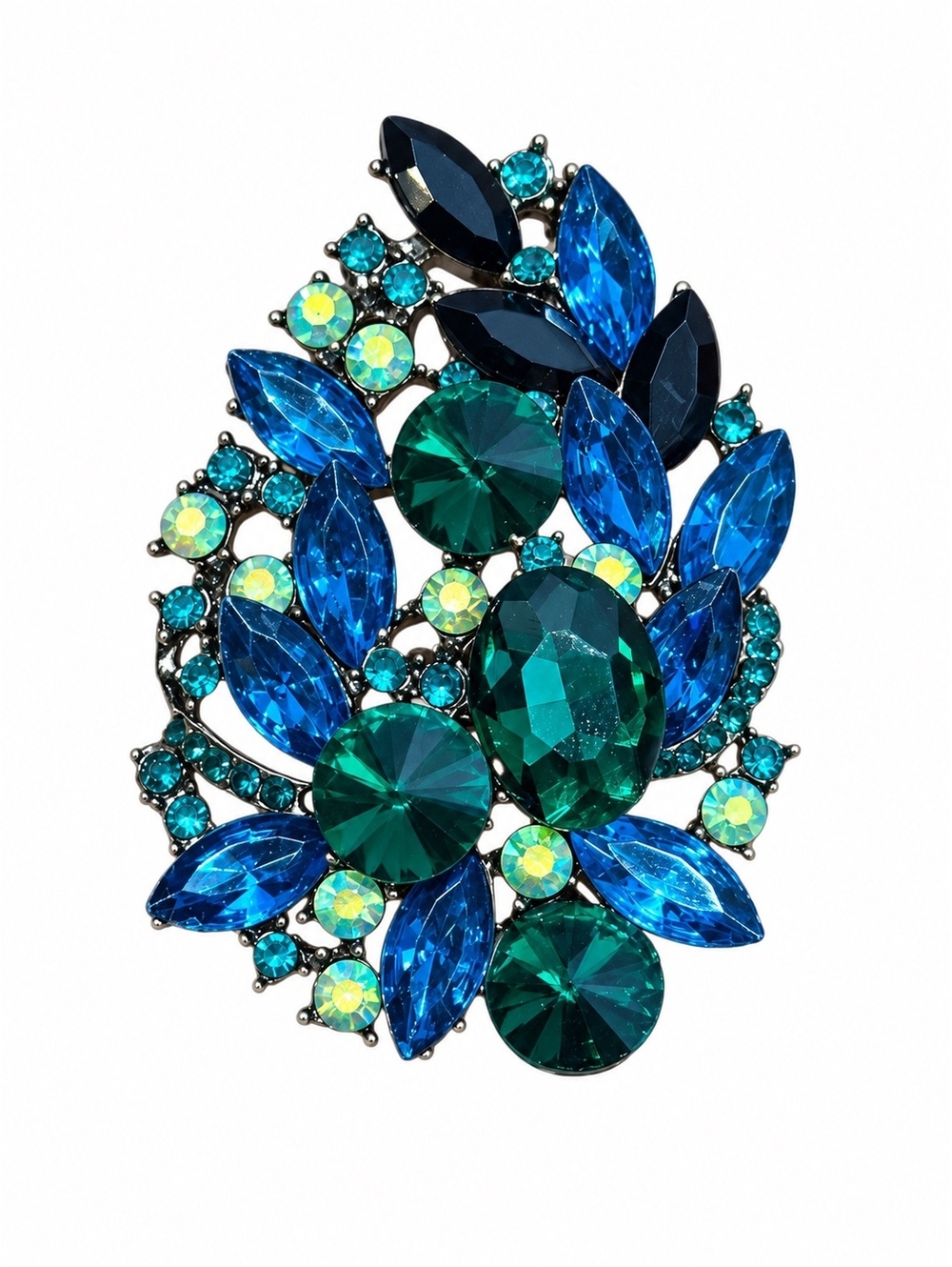 Vintage Blue & Green Old Hollywood Glamour Rhinestone Brooch